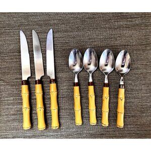 Hampton Versmiths  Stainless BAMBOO Yellow Flatware Knife Tea Spoon 7 Pcs.  VTG